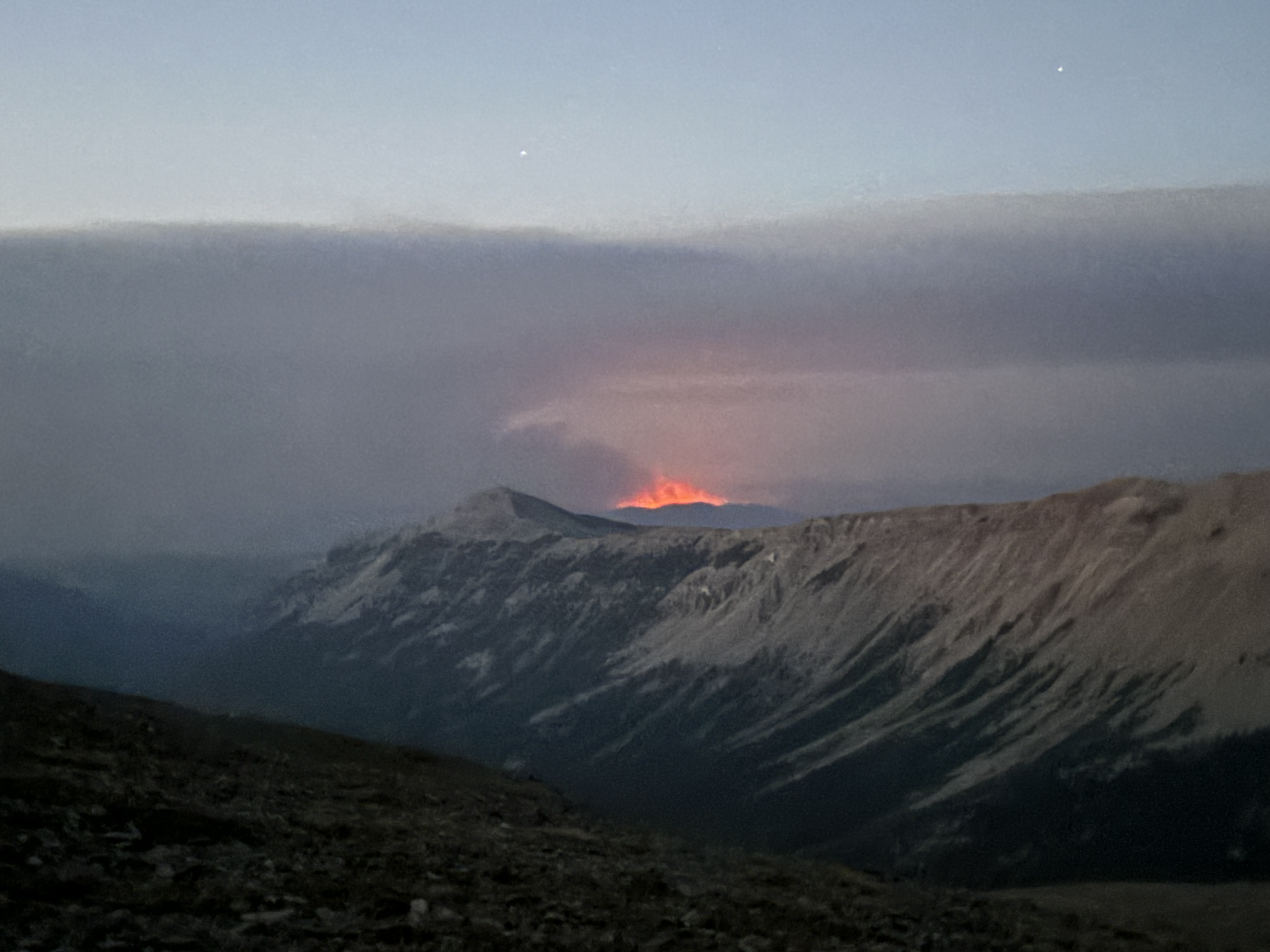 The Fish Creek Fire glowing at dusk.